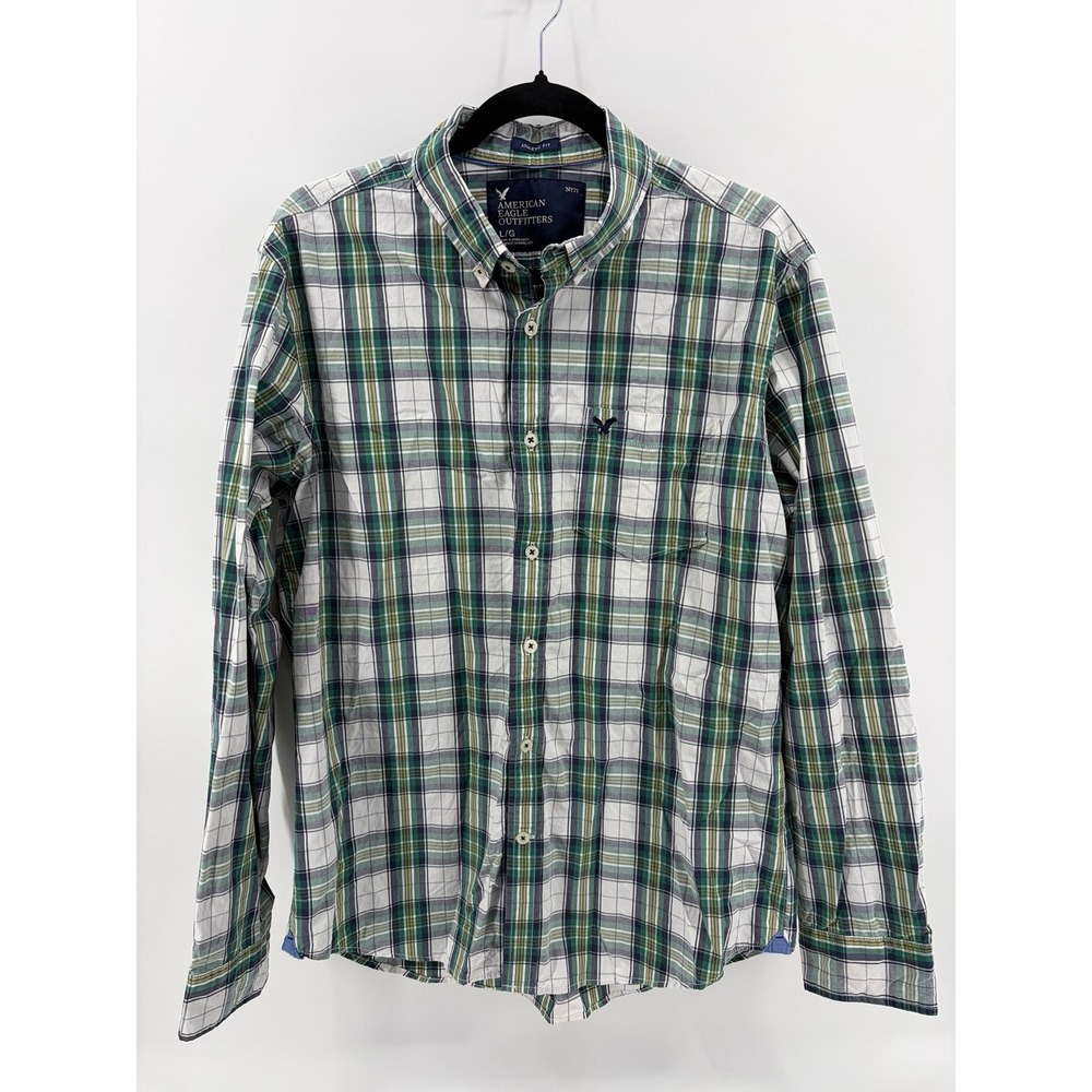 American Eagle Casual Button Down Shirt Green Plaid, Cotton, Athletic Fit, L